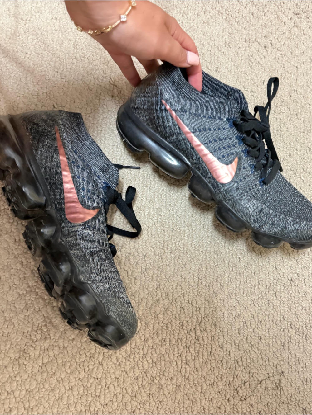 Nike Flyknit VaporMax Sneakers in Gray with Pink Swoosh